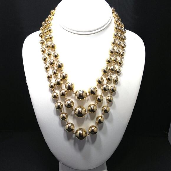 Vintage Gold Bead Three Strand Necklace, Rosary Style Wire, 1950s, 18 Inches - Picture 1 of 6